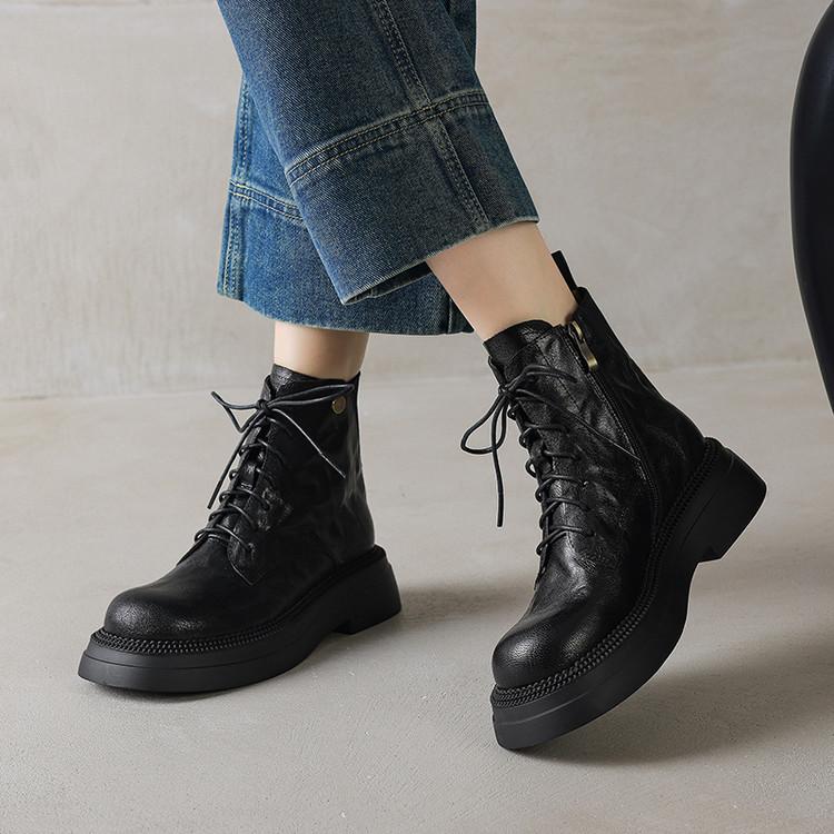 

Модные новые осенне-зимние женские ботинки из натуральной кожи с круглым носком, женская модная обувь, ботильоны на среднем каблуке, шнуровка, боковая молния, ботинки на платформе 35