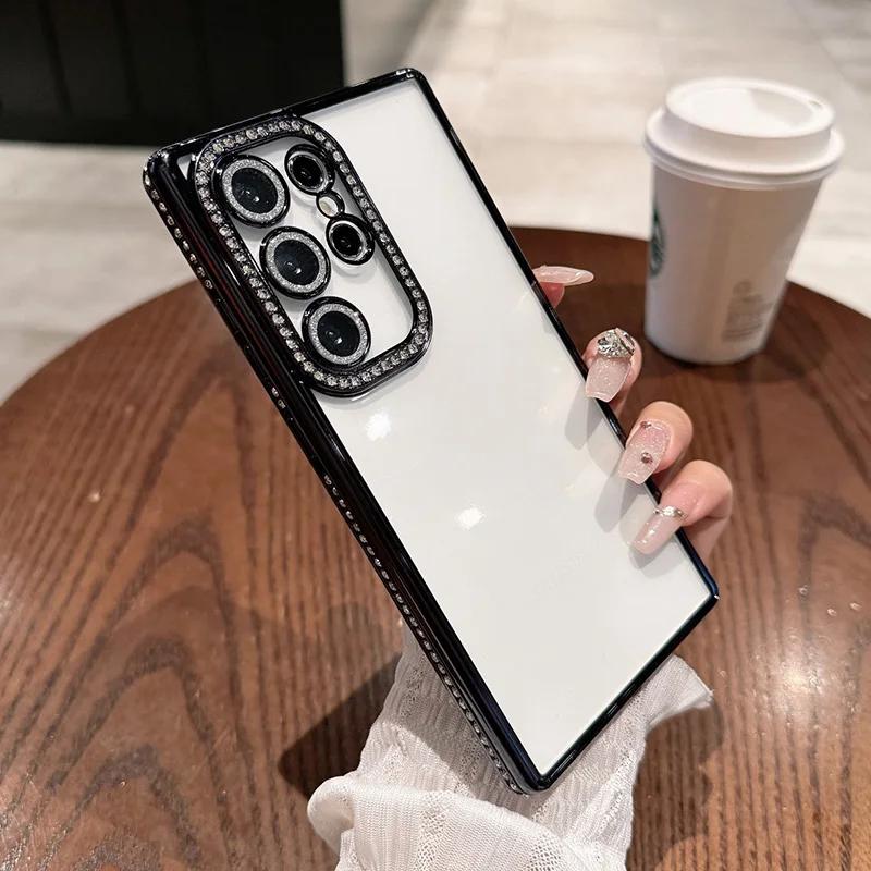 Rhinestone Transparent Phone Cases For Samsung Galaxy S26 S25 Ultra S24 S23 A15 A16 A55 A56 Electroplating Back Cover