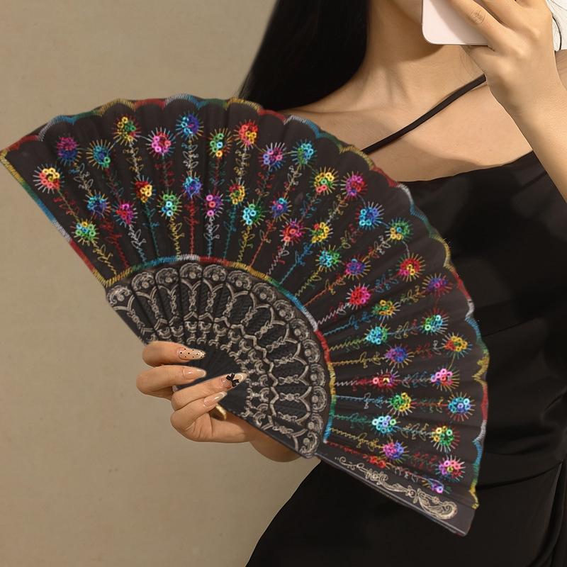 Decorative Sequin Fan Embroidery Fan Chinese Style Folding Fan Peacock Fans Sequin Dance Fan Hand Heldfan Performance Props