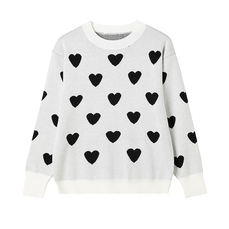 Women's Heart Shape Jacquard Knit Sweater - European & Korean Style, Loose Fit for Autumn/Winter