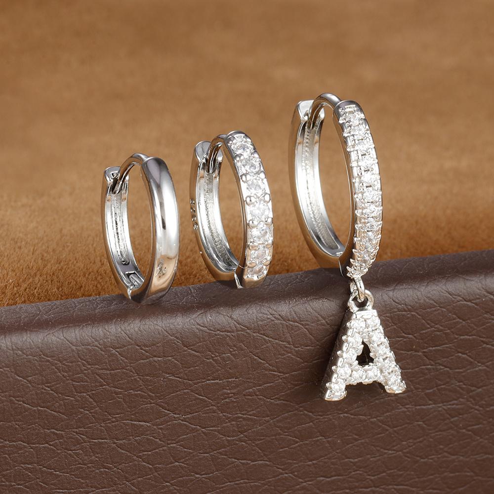 3pcs Silver Color Stainless Steel 26 Letters Hoop Earrings Set For Women A-Z Crystal Zircon Geometric Earrings Wedding Jewelry