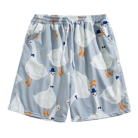 Men Beach Shorts Elastic Waist Adjustable Drawstring Cartoon Goose Print Beach Shorts Quick Drying Leisure Shorts