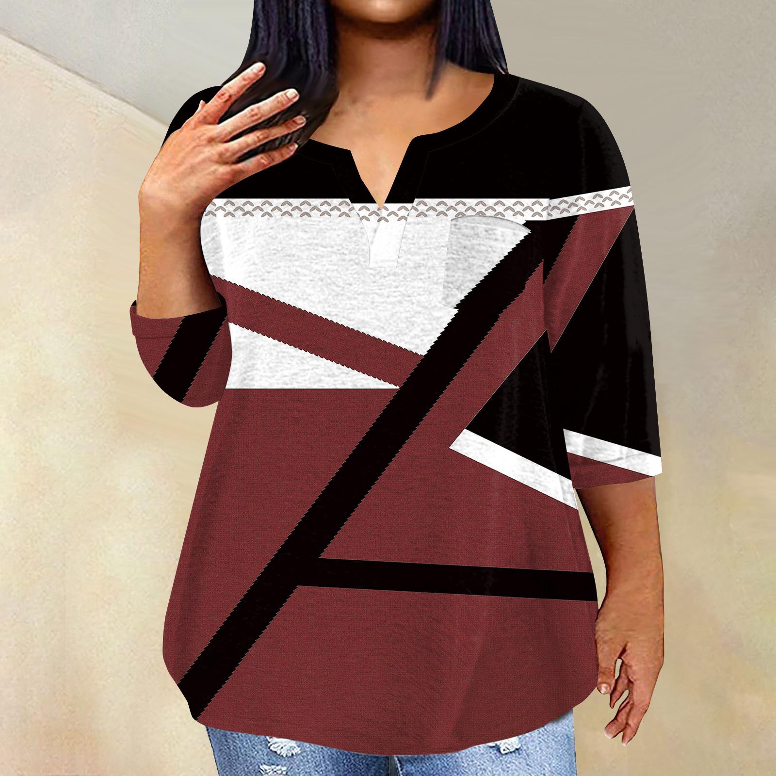 

Женский модный повседневный пуловер с рукавами три четверти и V-образным вырезом с принтом, топ с рукавами 4/3 XXXXL винный