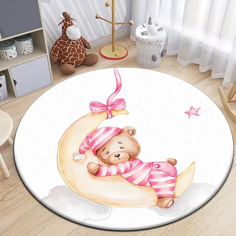 Cartoon Cute Little Bear Animals Round Carpet for Living Room Decor Kid's Bedroom Play Floor Mat Anti-Slip Camping Picnic Mats