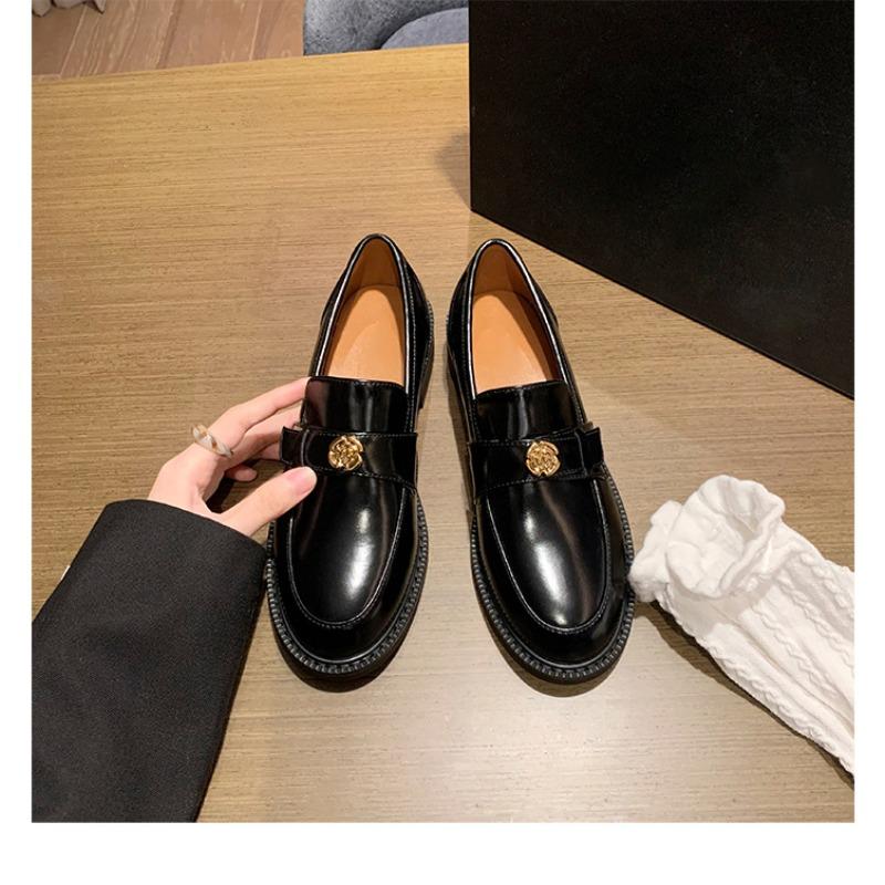 Whole cowhide~ thick-soled camellia small leather shoes, women's small gold buckle, one pedal, lazy with skirt, genuine leather