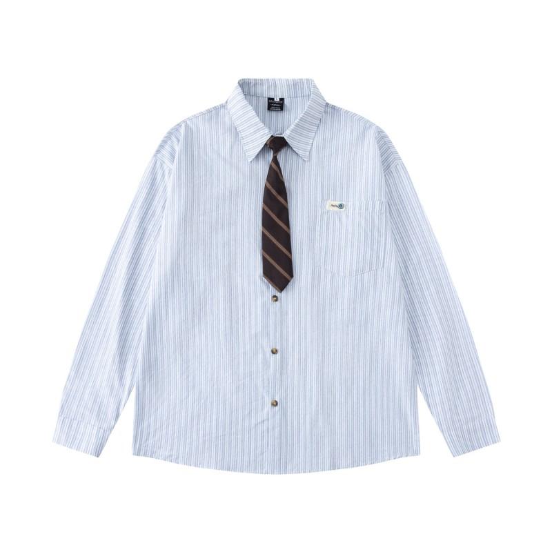 American Retro Preppy Striped Shirt With Fun Flower Patch Long Sleeve Loose Fit Couples