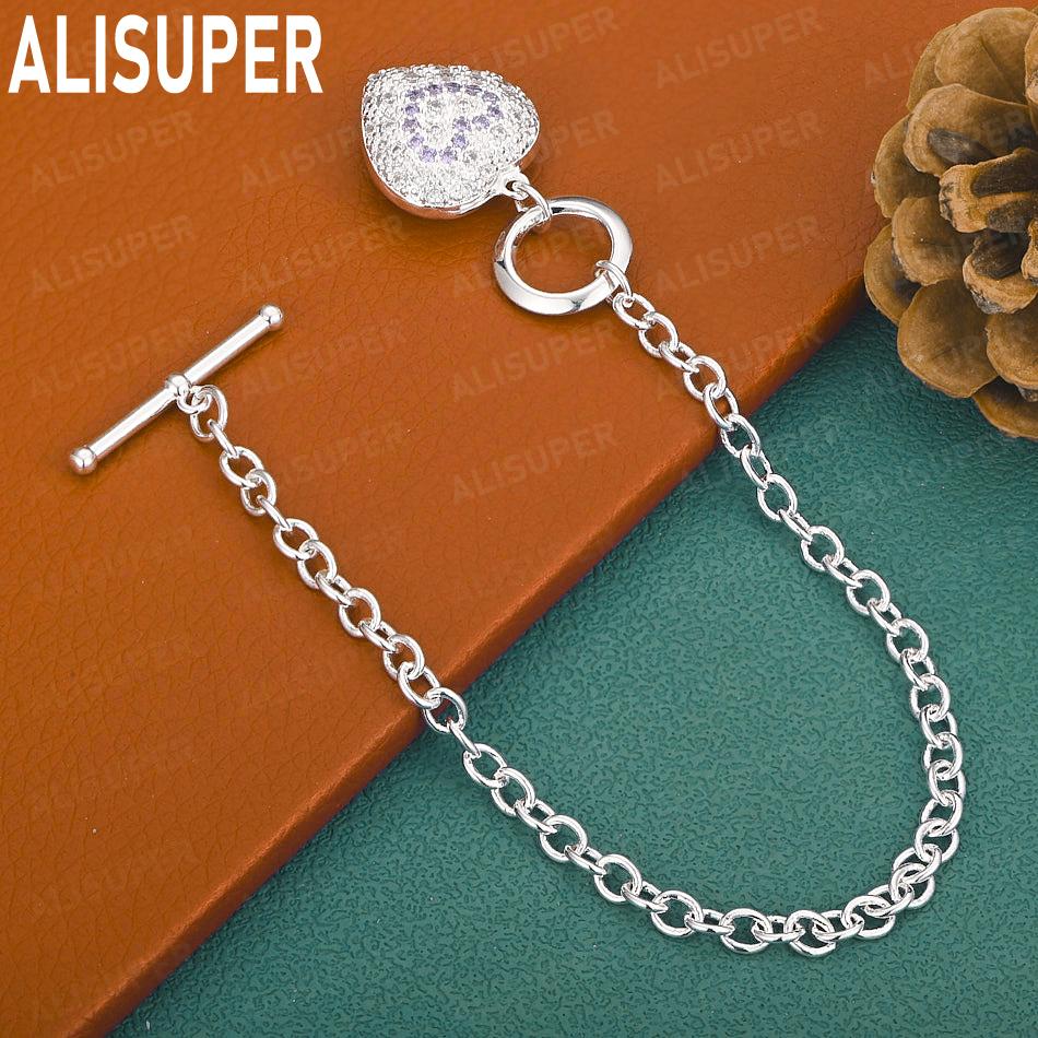 925 Sterling Silver Exquisite AAA Zircon Heart Bracelet - Banquet Gift Jewelry 20cm