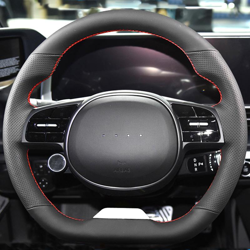 DIY Black Leather Renovation Car Steering Wheel Cover Braid Red Stitching Interior for Hyundai IONIQ 5 IONIQ 6
