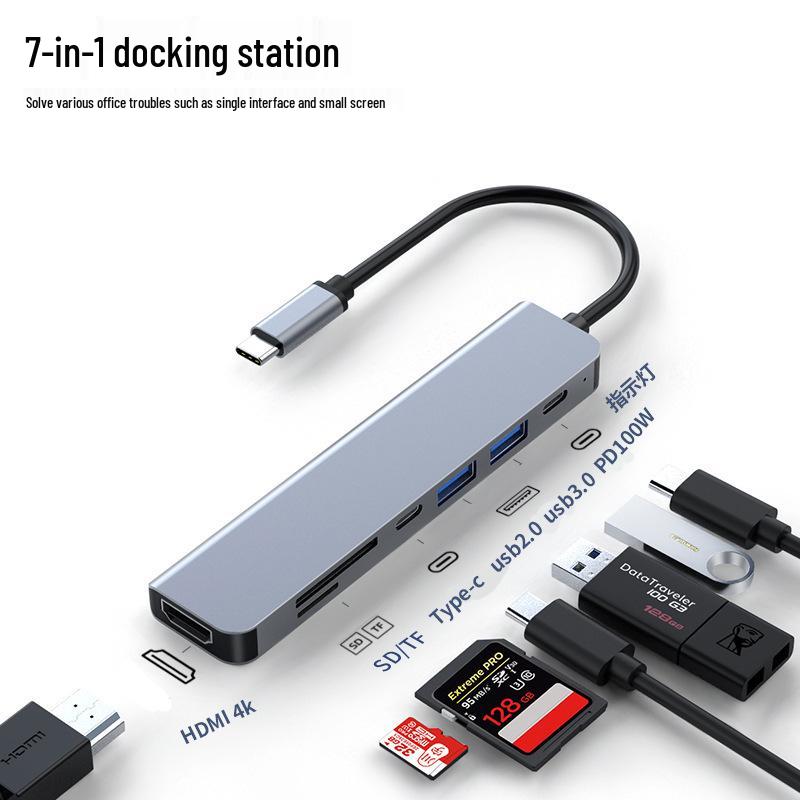Type-C to 5-in-1 Docking Station: 100M Network, USB 3.0 Hub, 4K HD Screen Casting Converter