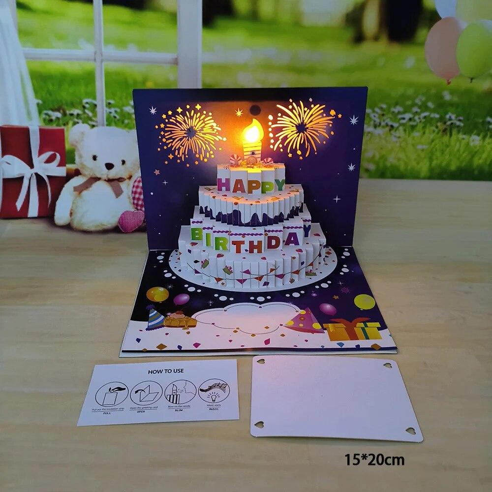 1pcHappy Birthday Card Fireworks 3D Pop Up Cake Light and Music Happy Birthday Card Gift Greeting Card for Husband Kids Wife Mom