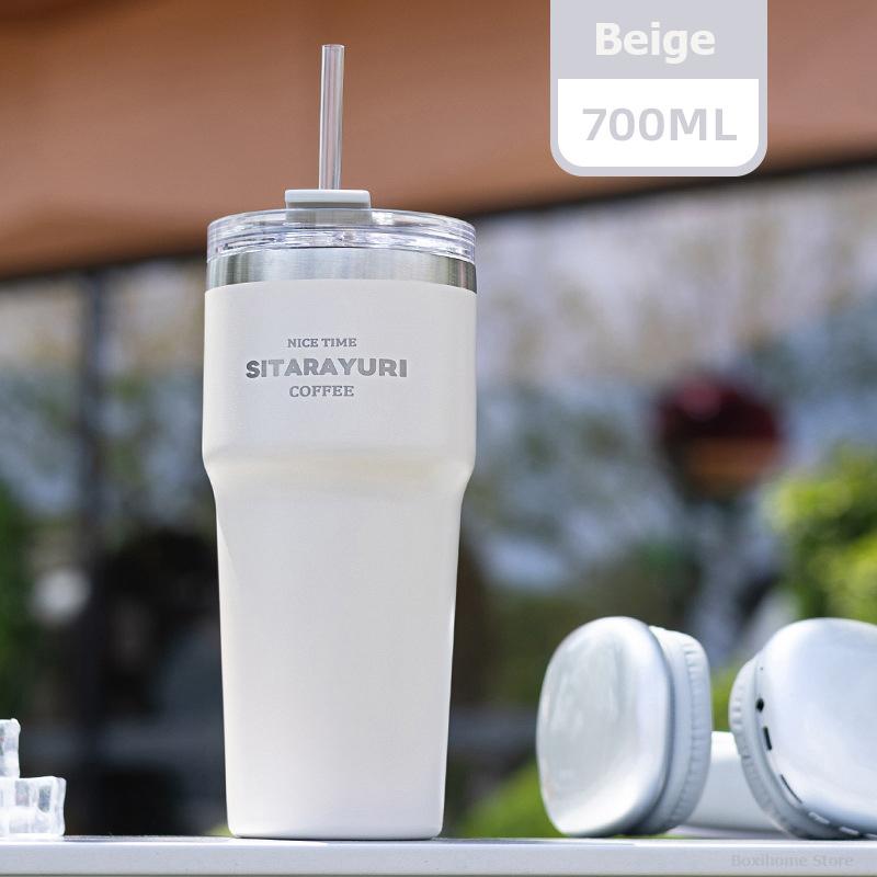 700ML Double Drink Insulation Cup Stainless Steel Straw Thermos Water Bottle Portable Large Outdoor Coffee Thermal Car Ice Mug