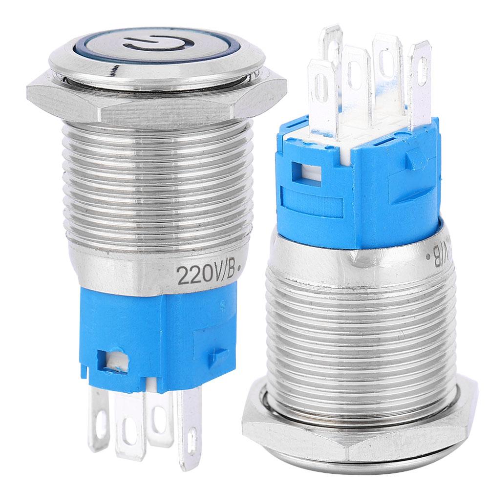 Blue LED Flat Round Head Self Reset Metal Push Button Ring with Power Symbol 16mm(220V)