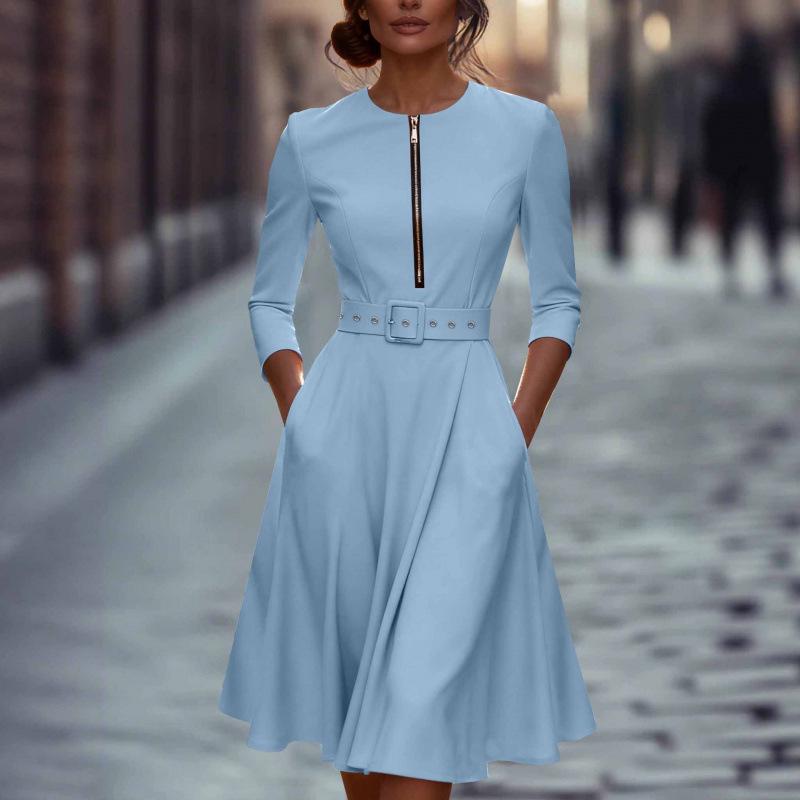 European & American 2026 Spring/Autumn Retro Elegant 7-Point Sleeve Zipper Dress S светло-синий