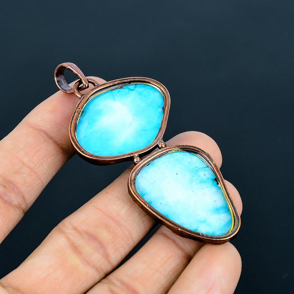 Blue Turquoise Tumble Pendant Handmade Gemstone Jewelry, Copper Electroformed Pendant ,Unique Design Jewelry Pendant