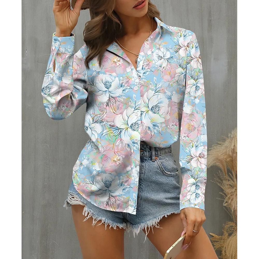 Women's T-shirt Street Fashion Clothing Long Sleeve Button Slim Fit Top Pattern Printed T-shirt Clothing Casual Loose T-shirt