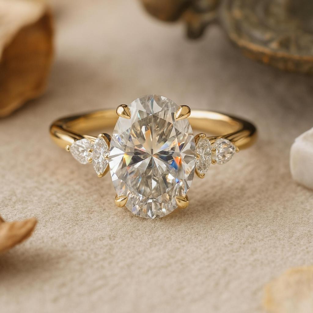 Oval Cubic Zirconia Engagement Ring with Marquise Side Stones – 925 Sterling Silver Yellow Gold Plated Solitaire Bridal Wedding Jewelry Gift for Her