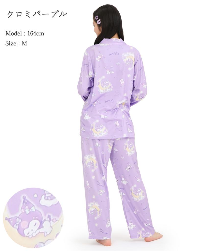 SAZAC Kuromi Shirt Pajamas, Powder Stretch, Women's, Long Sleeve and Pants Set, Loungewear (Purple/M/SAN1908)