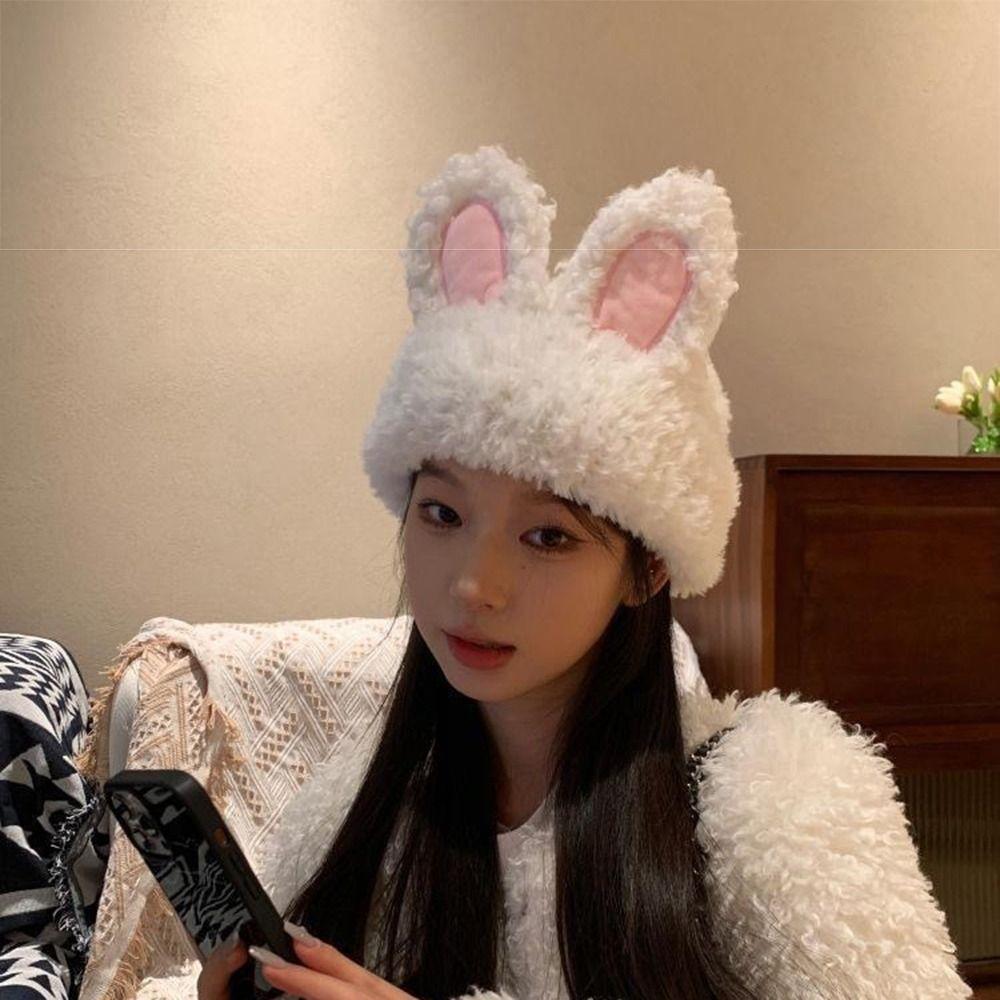 Solid Color Knitted Plush Hat Fluffy Winter Outdoor Warm Cap Rabbit Ear Beanies Autumn Winter