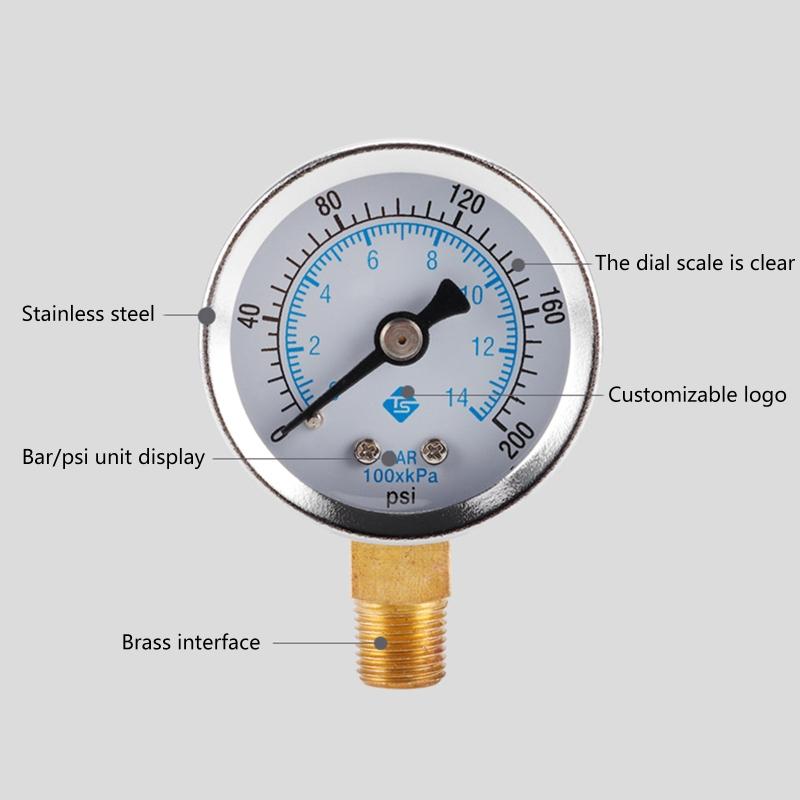 Compact Pressure Gauge 0-200psi 0-14bar Water Pressure Gauge Dial Meter 1/8" NPT for bar/psi Measurement Stainless Steel