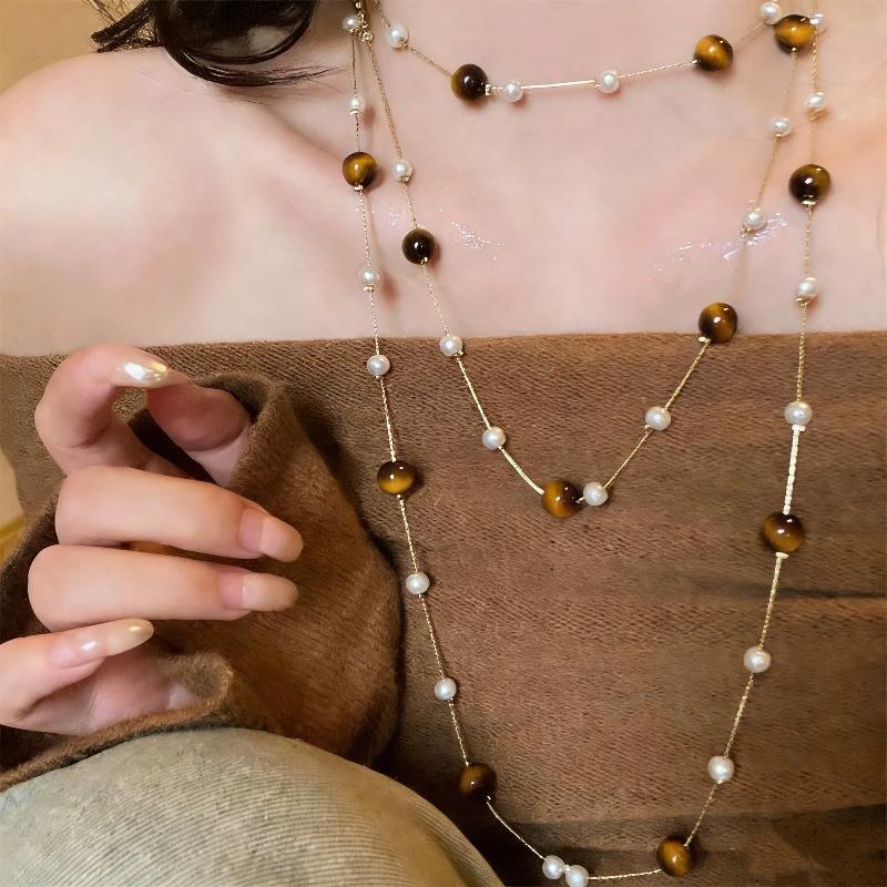 1Pcs Retro Stackable Glass Bead Sweater Neck Chain Multi-layer Tiger's Eye Stone Necklaces For Women Charms Jewelry Gifts