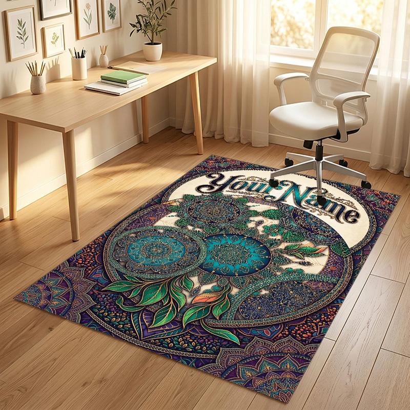 Bohemian Mandala Theme Soft Crystal Velvet Rug Custom Name & Text Print Non Slip Floor Rug for Bedroom Living Room
