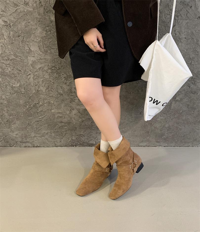 French fashionable design belt buckle thick heel thin boots women's autumn and winter outer wear commuting versatile one-pedal short boots