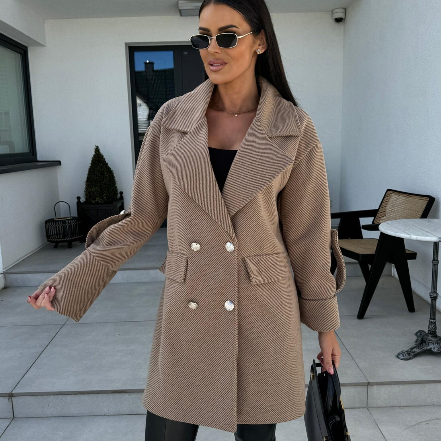 Новое европейское и американское однотонное шерстяное пальто с воротником в форме буквы — фото 5