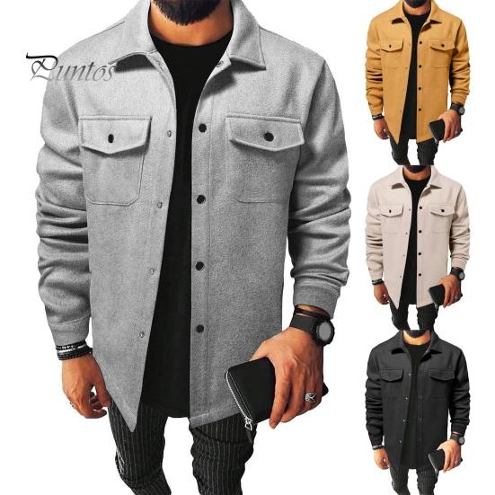 Simple Lapel Male Coat Men Autumn Winter Solid Color Shirt Long Sleeve Flap Relaxed Fit Jacket Pockets Single Breasted Loose Casual Tops Retro Texture