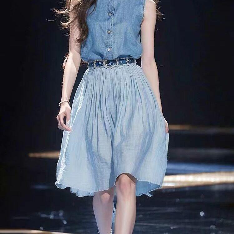 2026 Summer Street Style Elegant Blue Denim Sleeveless Shirt Set S