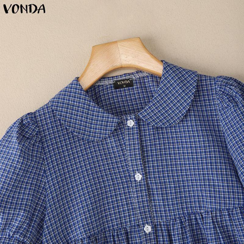 VONDA Women Doll Collar Puff Sleeve Button Up Plaid Blouse Tops