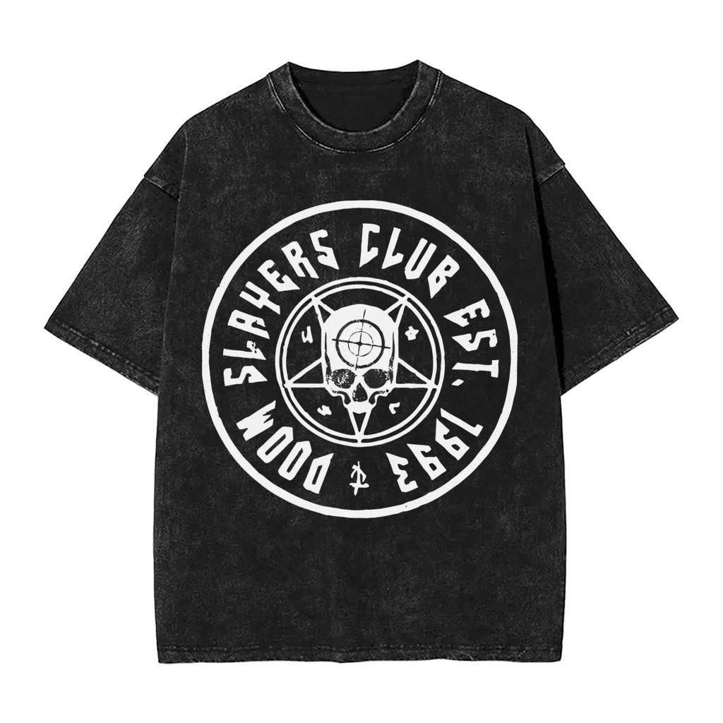 Ciemna Koszulka Oversize z Efektem Sprania Streetwear Yk Doomguy Dooms Eternal Slayer Cacodemon Koszulki Mężczyźni Kobiety Bawełna Graficzny Nadruk