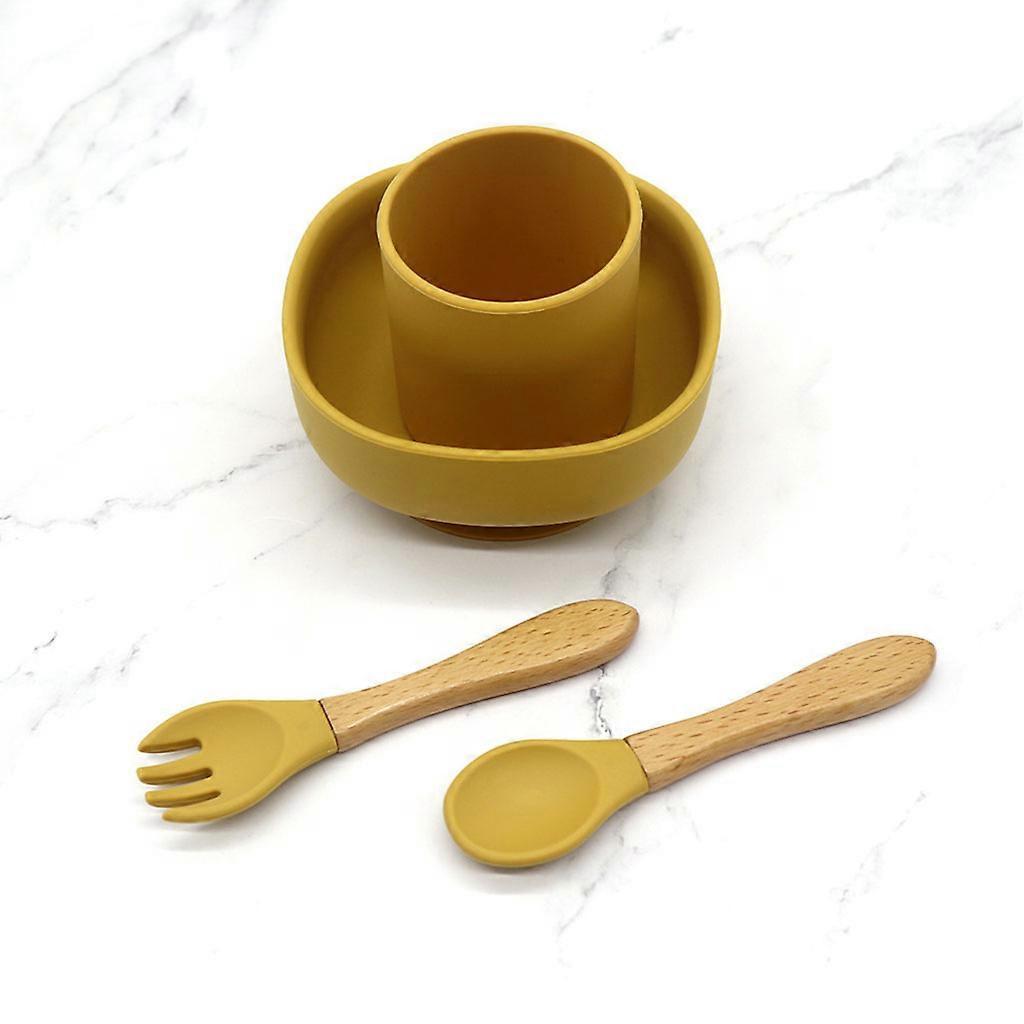 4 Pcs Baby Silicone Suction Bowl Spoon Fork Cup Learning Training Feeding Set Utensil Dishes Tableware for Newborn Toddlers Infants Dinnerware Yellow