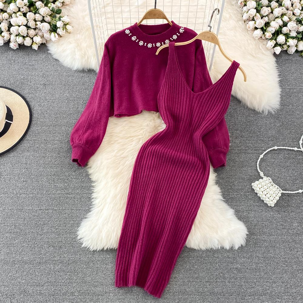 Women Autumn Winter O Neck Beaded High Waist Short Open Bellybutton Sweater Two Piece Knitted Tank Top Dress