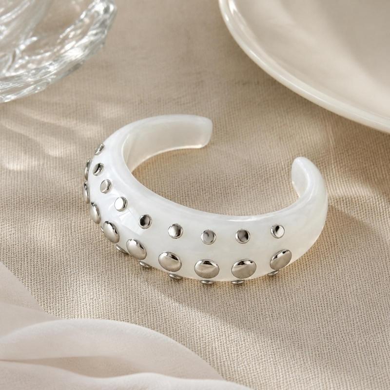 Resin Studded Ring Wide Bangle, Retro Metal Dot Statement Jewelry, Punk Y2K Bold Bracelet Ring for Women Party Daily Outfit