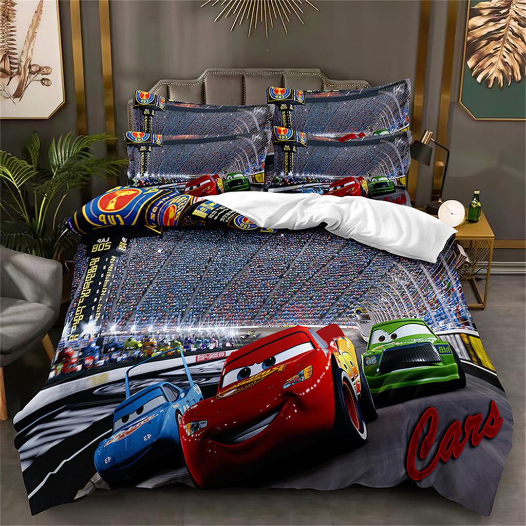 Cartoon Cars Bedding Sets with 1/2 Pillowcases, Lightning McQueen Duvet Cover Boy's Bedclothes Bed Linen Gift for Kids Boys