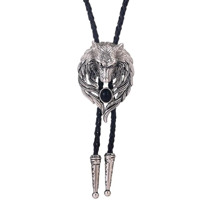 Mens Bolo Tie Necktie Vintage Leather Braided Rope Necklace with Metal Wolf Head Stone Pendant Jewelry Cowboy Necktie