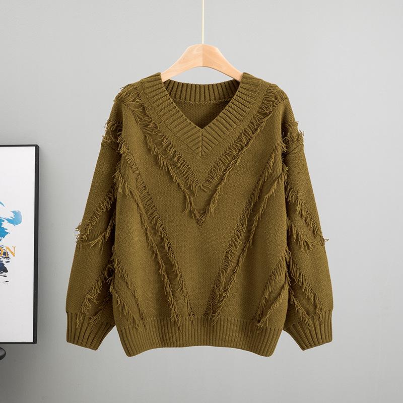 Loose Knitted V-neck Lazy Fringed Sweater Women's 2025 Autumn New Fashion Foreign Style Inner Top
