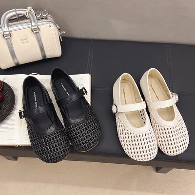 Scarpe Mary Jane traforate intrecciate stile retrò da donna, novità primavera 2025, versatili, con fibbia a una parola, scarpe singole, sandali con buchi piatti