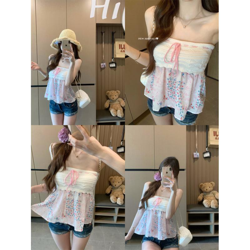Pure desire sweet and spicy splicing floral tube top women summer slim and thin pink chic top
