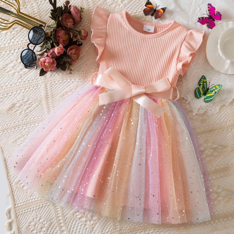 Girl Summer Princess Dress With Glitter Tulle Fabric For Toddler Birthday Party