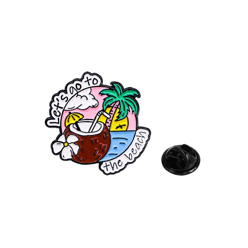 Summer Vacation Series Cartoon Badge Bus Beach Coconut Tree Metal Brooch Clothing Accessories
