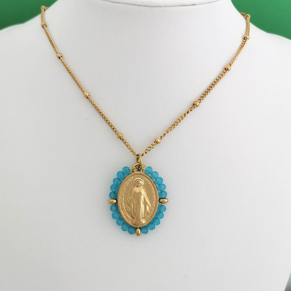 QMHJE Virgin Mary Stainless Steel Pendant Necklace Women Choker Beads Chain Oval Round Charm Gold Color Jewelry White Black