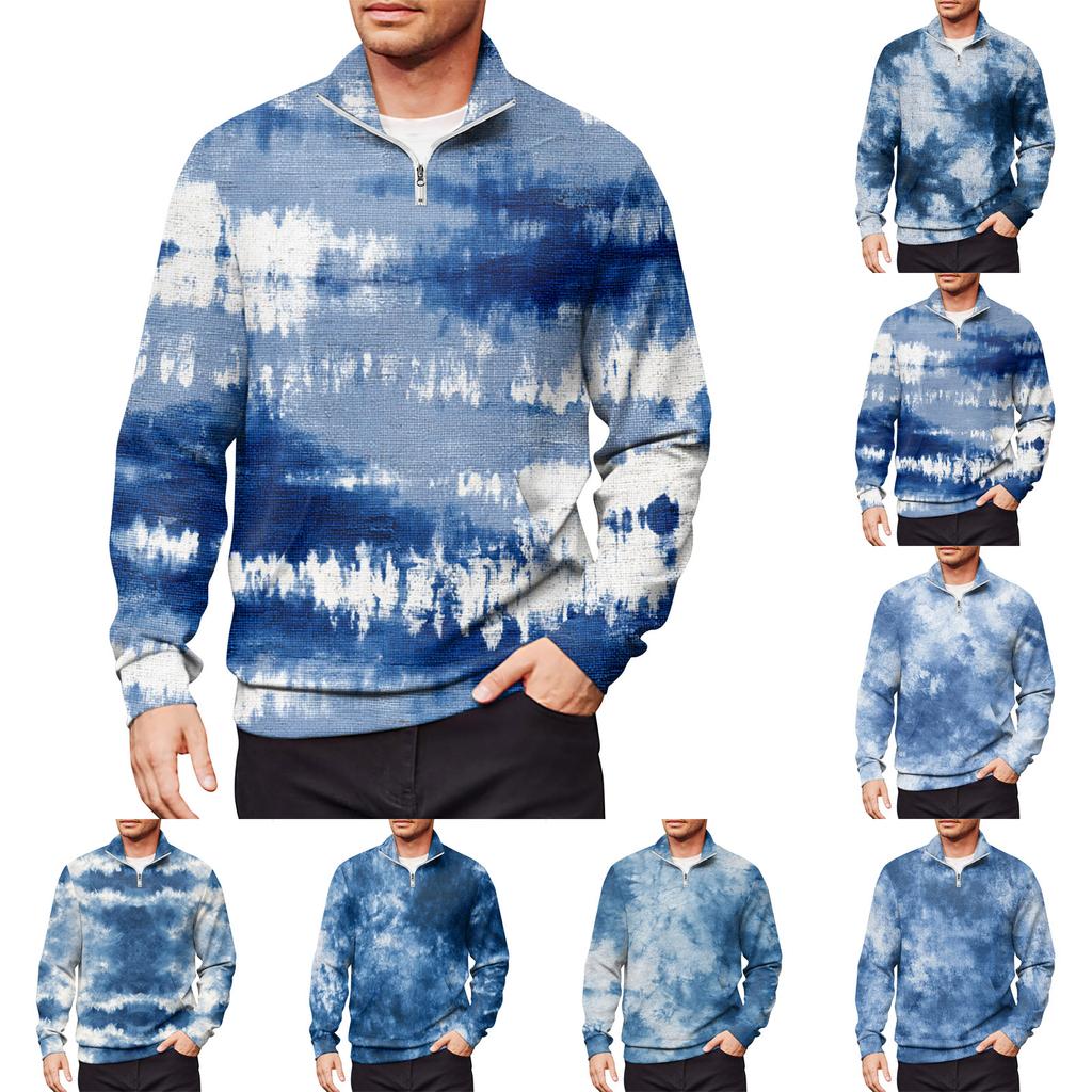 Men's Loose Casual 1/4 Zip Sweatshirt Fashion Printed Long Sleeve Top With Pockets