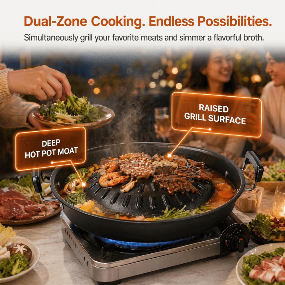 Round Hot Pot Grill Pan Black Grill Pan with Side Durable Round Thai Style BBQ for Open Flame