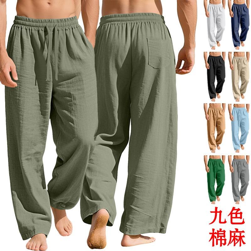 Men's linen loose casual sports trousers pocket tether solid color trendy business trousers
