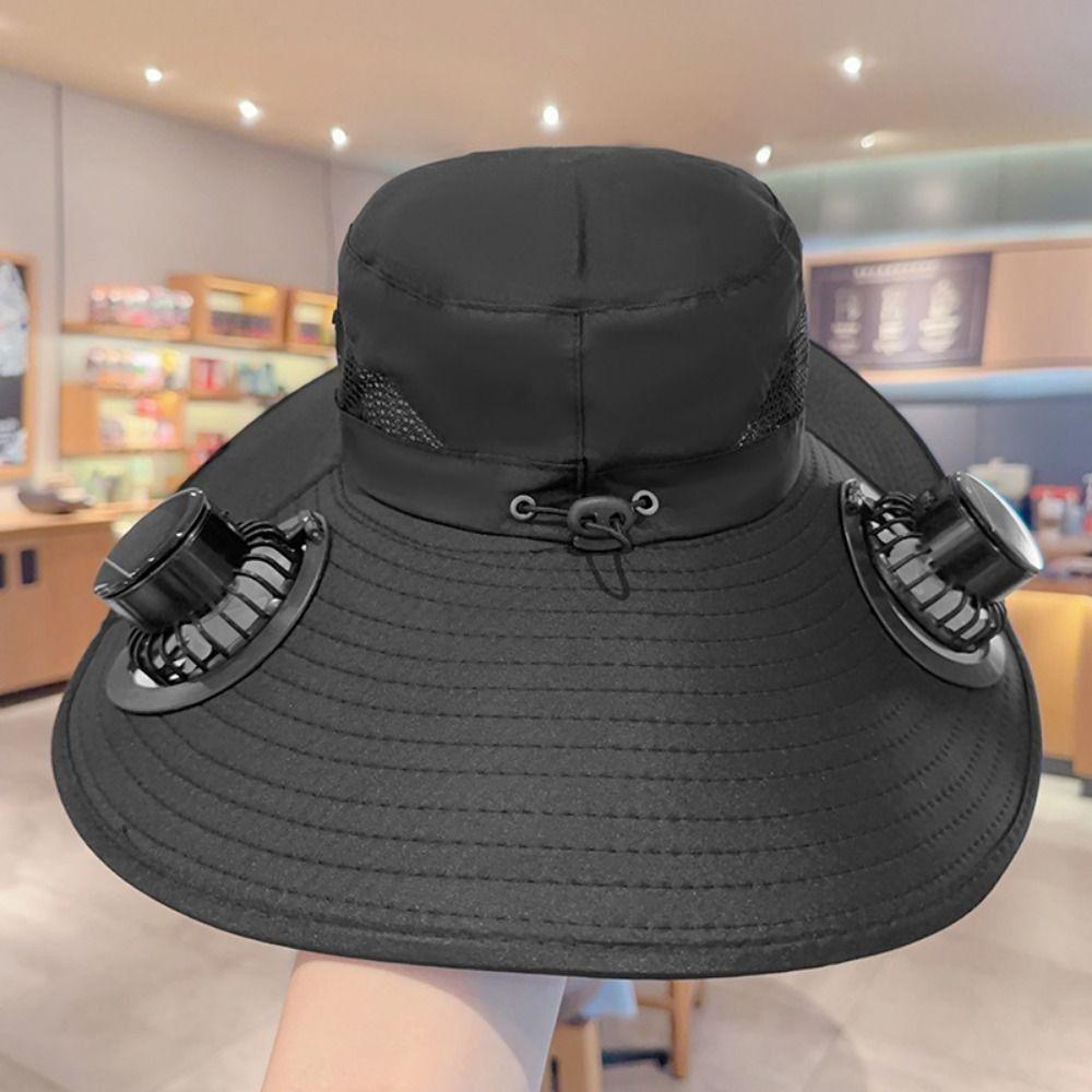 Dual Fan Wide Brim Sun Cap Breathable Adjustable Visor Cap Cooling Fisherman Hat  Fishing