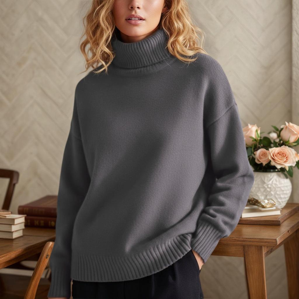 2025 Autumn/Winter High Neck Solid Color Long Sleeve Knitwear Casual Loose Pullover Sweater