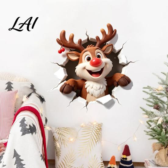 Holiday Home Decoration Christmas Reindeer Wall Decal 3D Hole Illusion Red Nose Rudolph Sticker Stickers Peel And Stick Waterproof PVC Decor