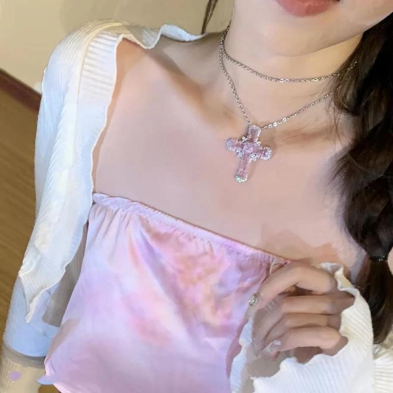 Y2K Themed Pink Broken Ice Zircon Cross Pendant Necklace Fun Stylish Jewelry for Women Retro Party Costume Match
