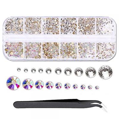 1 Box gemischte Größe Nagel Strass Kristall Glas Edelsteine Nagelzubehör Maniküre Dekoration mit einer gebogenen Nagelpinzette